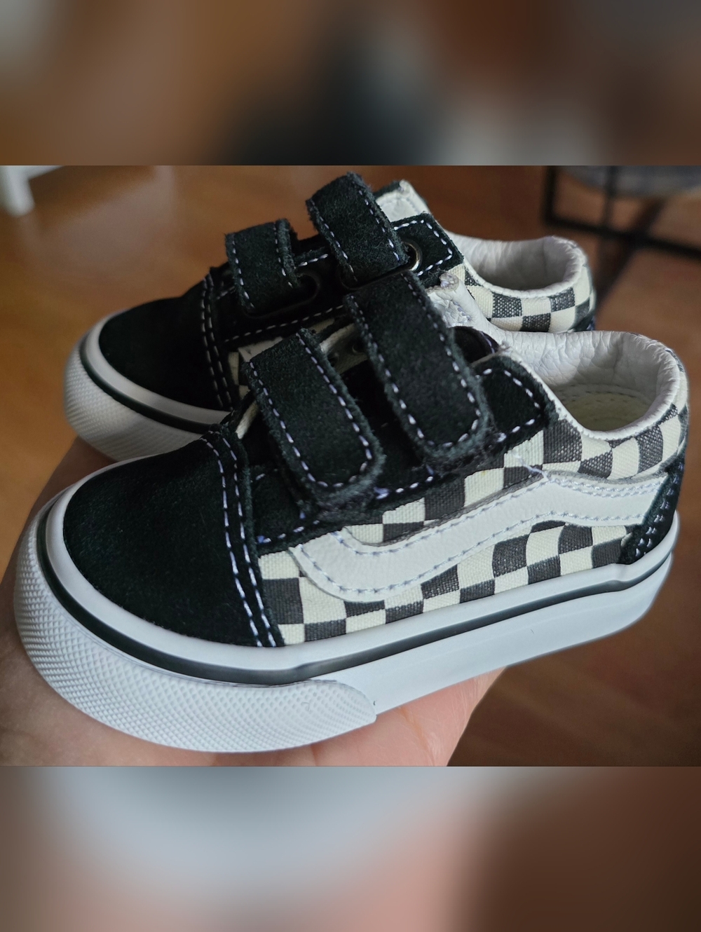 Sz 4.5 Toddler Kids VANS OLD SKOOL CHECKERBOARD Black Suede Adj Straps
